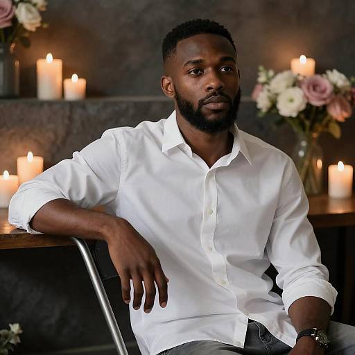 Contemplative Man in White Shirt with Candlelit Background