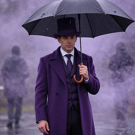 Photograph of a young man in a dark purple overcoat and black suit, holding a black umbrella in a rainy, foggy park. Blurred