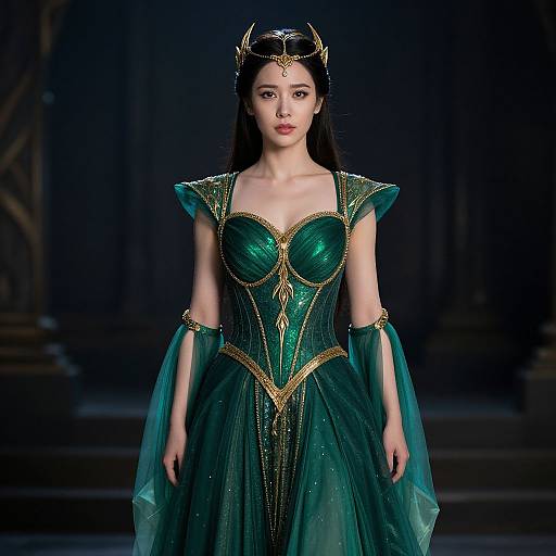 Photograph of an East Asian woman in a green, gold-embellished, fantasy-style gown with a crown, standing on a dark, elegant