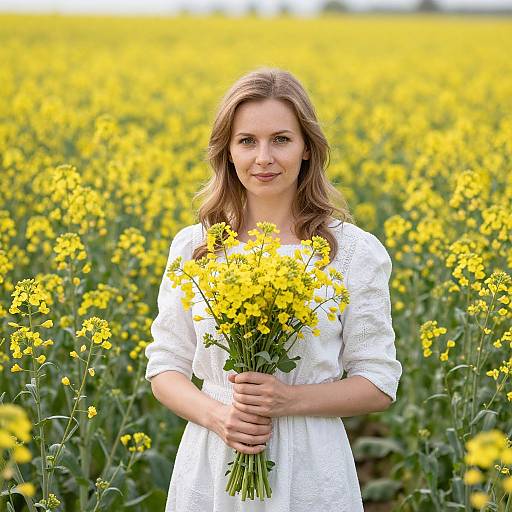 Photograph of a smiling woman with light brown hair, wearing a white dress, holding a bouquet of yellow flowers in a vibrant yellow wildflower field.