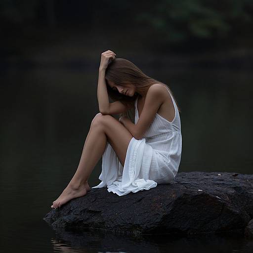 Photograph of a sad, barefoot woman with long brown hair, wearing a sheer white dress, sitting on a dark rock by a dark, reflective