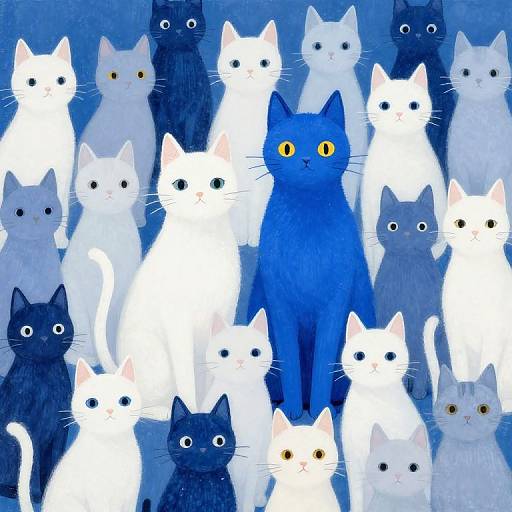 Digital painting of a blue cat with yellow eyes surrounded by a group of white and black cats in various poses. Blue background. Whimsical, surreal
