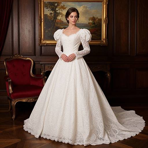 Photograph of a woman in a white lace wedding dress with puffy sleeves, standing in an elegant, dark wood-paneled room with a red velvet