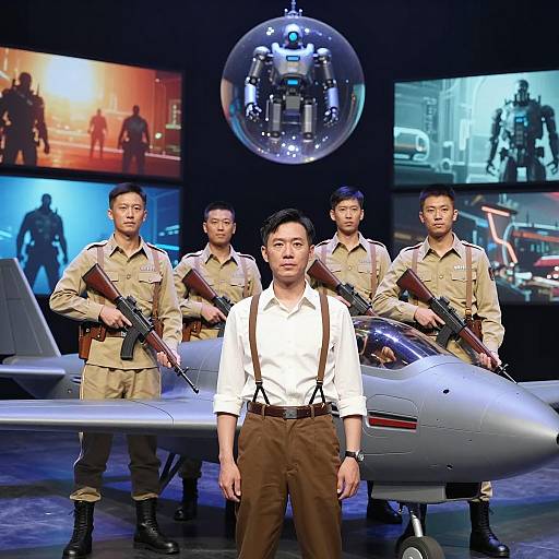 Military men with futuristic aircraft and robot on stage