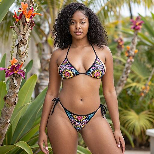 Photograph of a curvy Black woman with curly hair, wearing a colorful, patterned bikini, standing in a tropical garden with palm trees and vibrant
