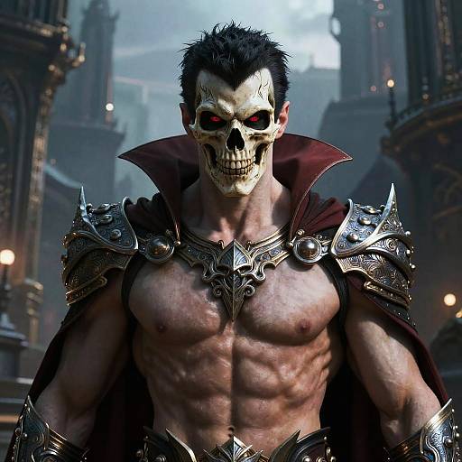 CGI image of a muscular, skeletal warrior with black hair, red eyes, and a spiked, armored chest plate, standing in a dark, go