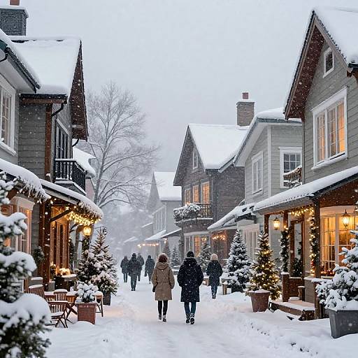 Photograph of a snowy, quaint village street with wooden houses, lit windows, snow-covered roofs, and people walking in winter coats.