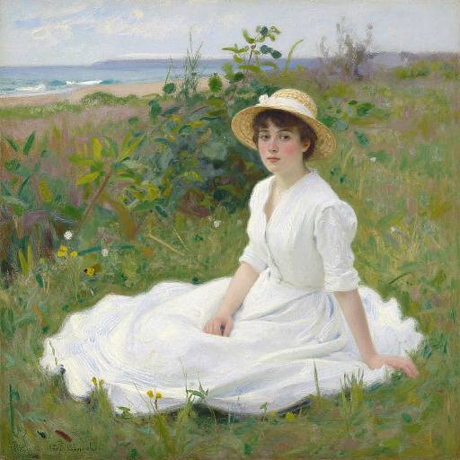 Woman in White Dress by Coastal Landscape