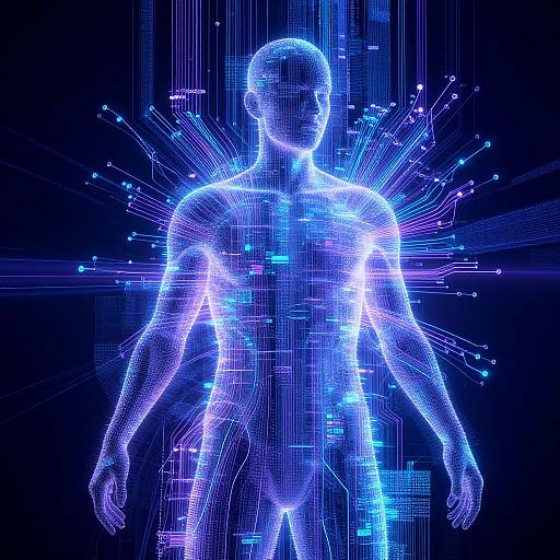 Digital neon blue and purple silhouette of a male figure with glowing circuit lines radiating from the back, set against a black background. Cybernetic,