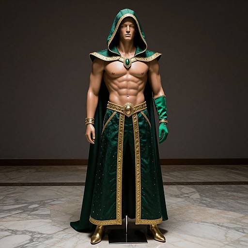 Photorealistic CGI image of a muscular, shirtless male in a green hooded cloak with gold trim, green gloves, and gold boots. Dark