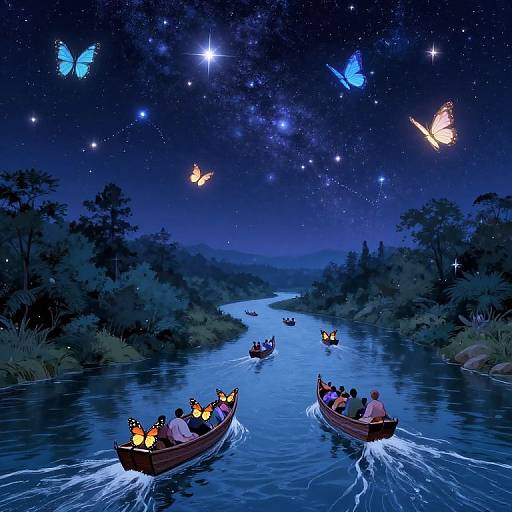 Digital illustration of a starry night river with glowing blue and orange butterflies, six wooden boats with people and butterflies, surrounded by dense trees.