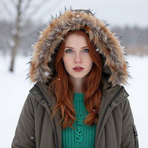 Photograph of a fair-skinned, red-haired woman with blue eyes, wearing a green knit sweater and an olive parka with a fur-trim