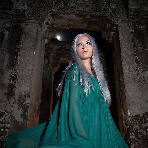 Photograph of a silver-haired woman with pale skin in a flowing green dress, standing in a dark, ancient stone doorway. Her expression is intense,