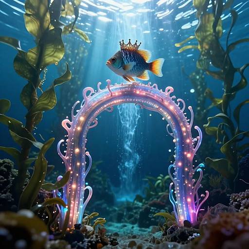 Photograph of a vibrant underwater scene with a glowing, bioluminescent arch and a colorful fish with orange fins above it, surrounded by green seaw