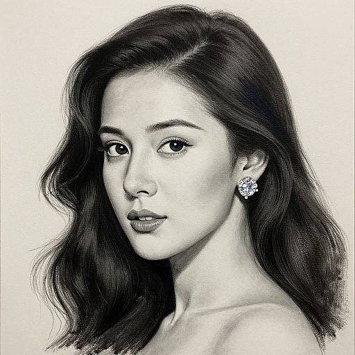 Black-and-white digital portrait of a beautiful woman with long, wavy hair, wearing a star-shaped earring, gazing thoughtfully at the camera