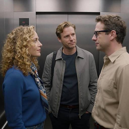 Three People Conversing in Elevator