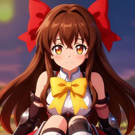 Digital anime-style drawing of a cute girl with long brown hair, red bow, yellow bow, orange eyes, and black armor, against a twilight sky