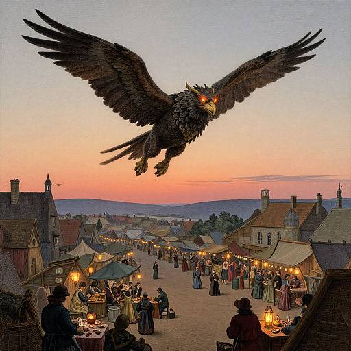Illustration of a large, dark eagle with glowing orange eyes flying over a bustling medieval market at sunset, with people, tents, and lit lanterns