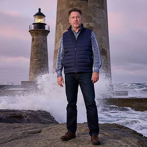 Man Standing by Lighthouse with Ocean Waves