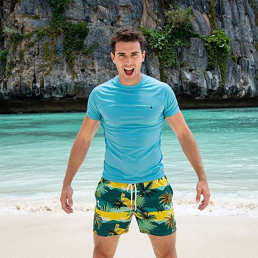 Photograph of a smiling, fit young man with short brown hair in a light blue shirt and yellow-green tropical print swim trunks, standing on a