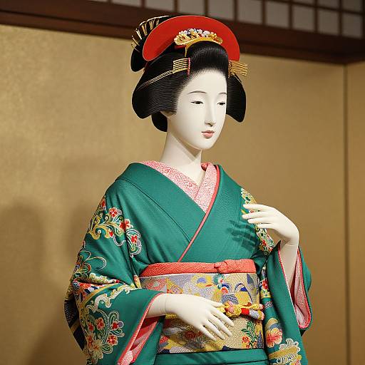 Photograph of a traditional Japanese geisha doll with green kimono, red obi, floral patterns, and black hair in an ornate red and