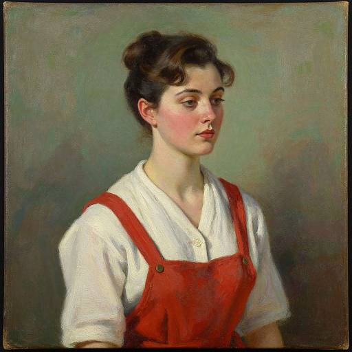 Realistic oil painting of a young woman with fair skin, brown hair in a bun, wearing a white blouse and red pinafore, against a