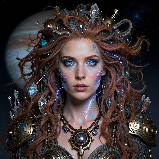 Digital art of a fierce, blue-eyed woman with wild red hair, cyberpunk crown, glowing lightning marks, and space background. Wears ornate