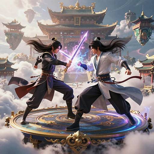 Two martial artists with long black hair duel with glowing swords on a magical circular platform, surrounded by clouds and traditional Chinese architecture. Digital art.