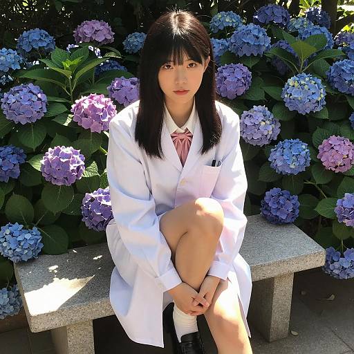 Asian Woman in Lab Coat Sitting by Hydrangeas