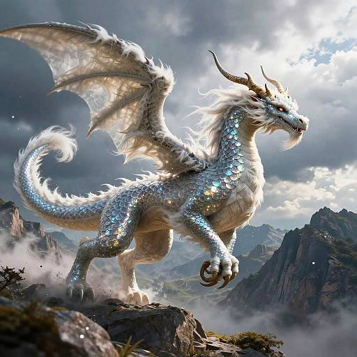 Digital artwork of a majestic, silver-scaled dragon with glowing blue accents, large wings, and fierce expression, standing on a rocky mountain peak amidst a