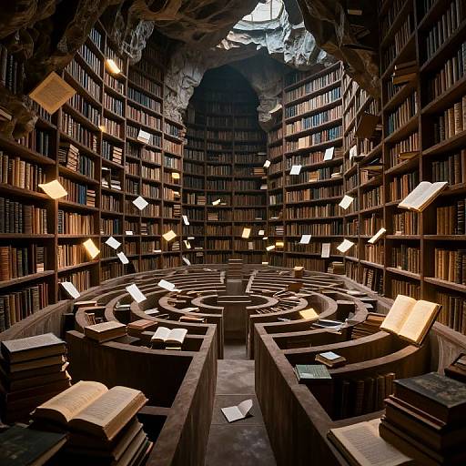 Photograph of a dimly lit, ancient library with dark wooden bookshelves, floating illuminated manuscripts, and a circular reading desk arrangement.