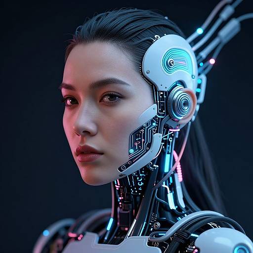 Digital CGI portrait of a serene, cybernetic Asian woman with black hair, glowing blue and pink lights, and advanced robotic enhancements.