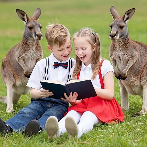 Photograph of a smiling boy and girl in white shirts and red dress, reading a book with two kangaroos on green grass.