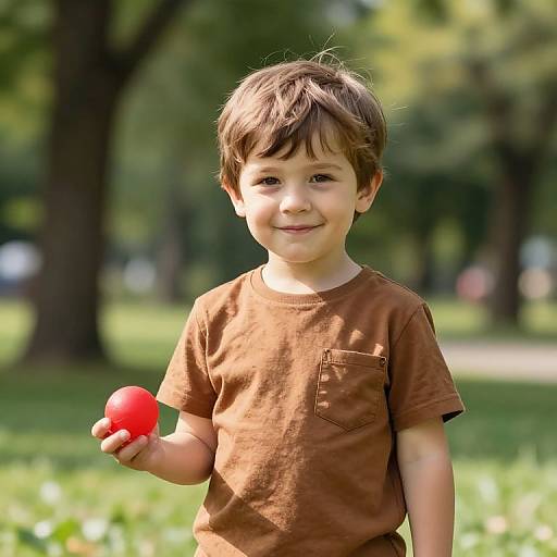 Joyful Boy with Red Ball in Park