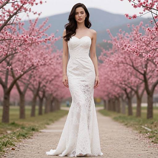 Photograph of a beautiful woman with long black hair in a strapless white lace wedding dress, standing in a pink cherry blossom-lined path with mountains in