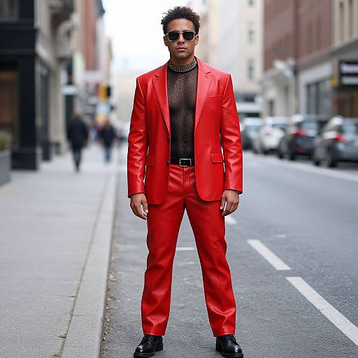 Photograph of a Black man in a vibrant red suit, black polka dot shirt, black shoes, and sunglasses, standing confidently on a city street
