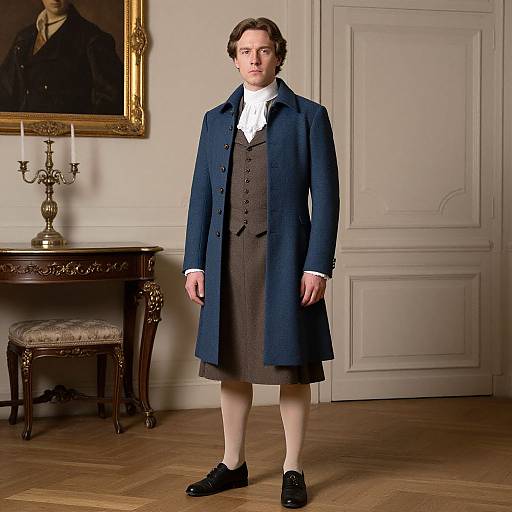 Photograph of a white man in 18th-century attire: navy coat, brown waistcoat, white cravat, brown skirt, black shoes