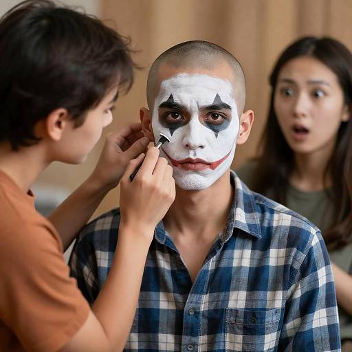 Man with Joker Face Paint Being Painted by Friend