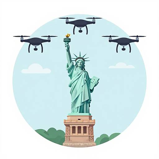 Digital illustration of the Statue of Liberty with raised torch, surrounded by four black drones against a light blue circular background.