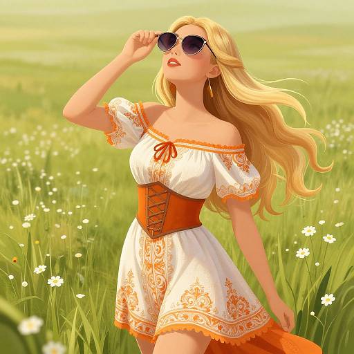 Sunlit Blonde Woman in Floral Dress