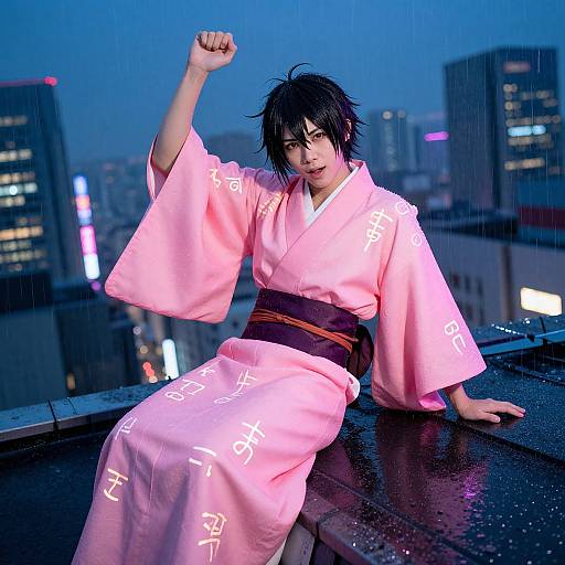 Photograph of a dark-haired man in a pink yukata with white Japanese characters, sitting on a rooftop at night, rain falling, city lights