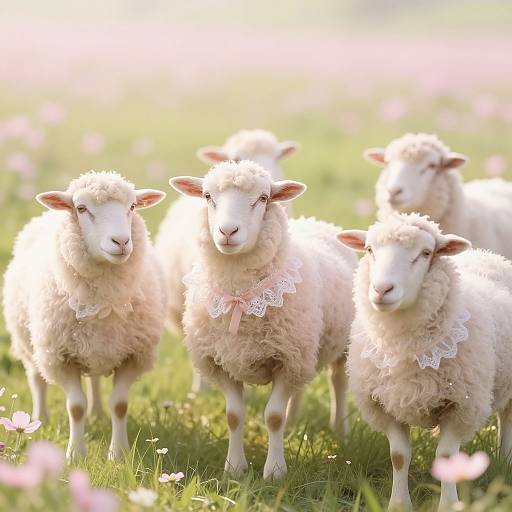 Photograph of three fluffy white sheep with lace collars standing in a sunlit, pink-flower-filled green meadow. Bright, soft, and