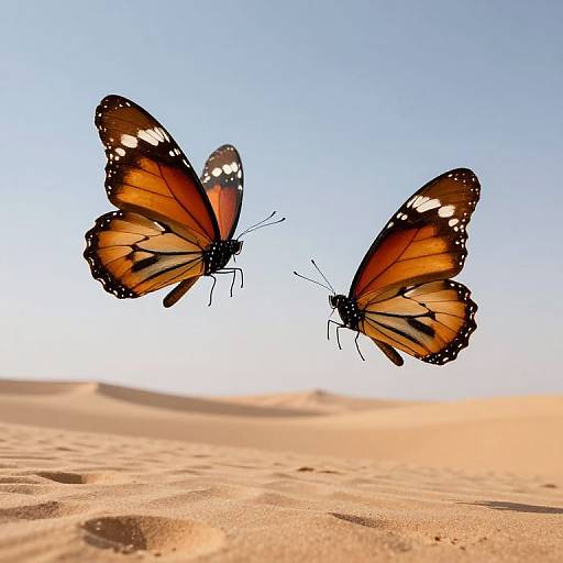 Photograph of two vibrant orange monarch butterflies with black and white speckled edges, flying over a sandy desert under a clear blue sky.
