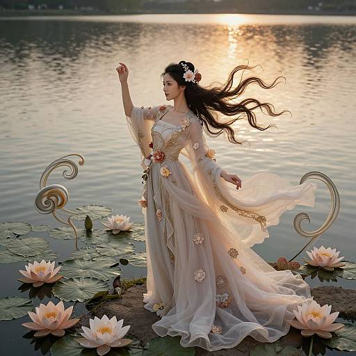 Photograph of a fair-skinned woman with long black hair, wearing a flowing, floral-embellished, sheer gown, standing on lily