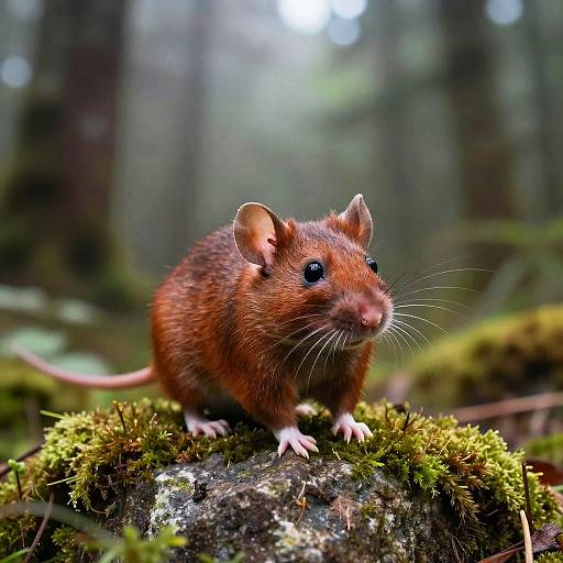 Photograph of a small, brown, fluffy mouse with pink ears and nose, standing on a moss-covered rock in a misty forest.