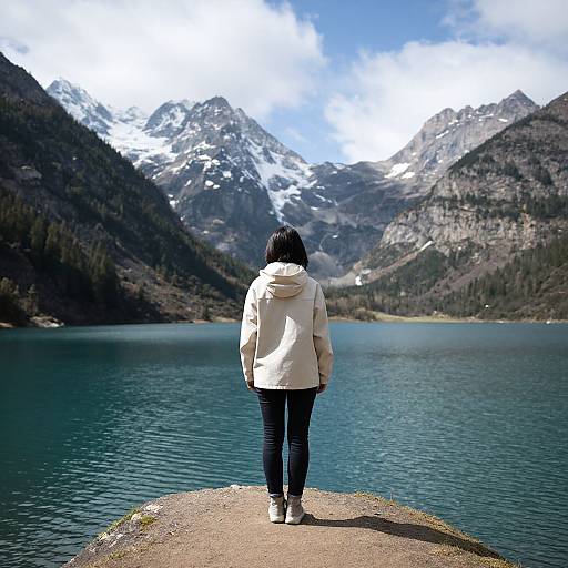 Woman Standing by Mountain Lake