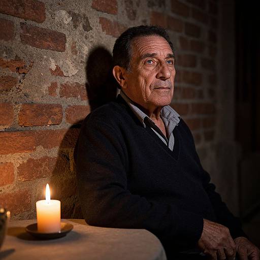 Photograph of an older man with graying hair, wearing a black sweater over a gray shirt, sitting against a brick wall, illuminated by a lit