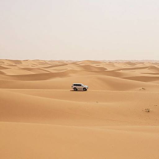 Photograph of a white SUV driving through vast, undulating, golden-orange desert sand dunes under a bright, clear sky.