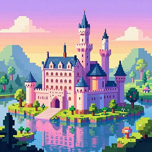 Pixel art of a colorful, fairy-tale castle with multiple towers, blue roofs, and a reflective pond, set against a vibrant sunset sky.