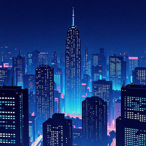 Digital artwork of a neon-lit cityscape at night, featuring a central skyscraper with blue and pink lights, surrounded by other brightly illuminated buildings.